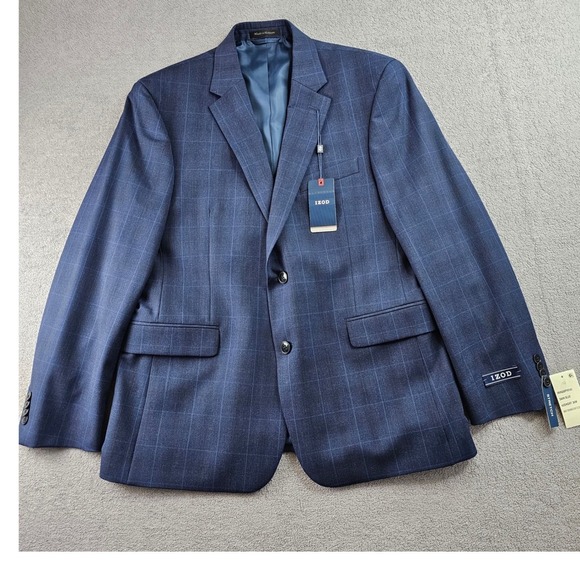 IZOD 2-Piece Suit Jacket & Pants Mens 42 S/ 36W Dark Blue Check Single Breasted - Picture 6 of 16